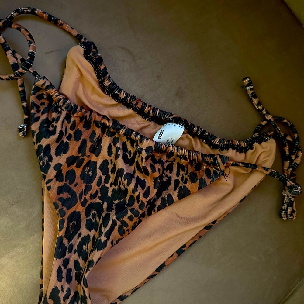 ASOS DESIGN ribbed channel bikini bottom in leopard print